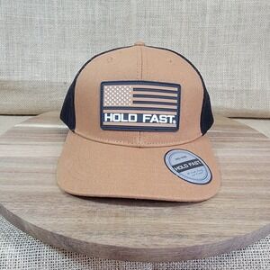 Hold Fast Trucker Hat Tan Black American‎ Flag Faith Family Freedom Adjustable